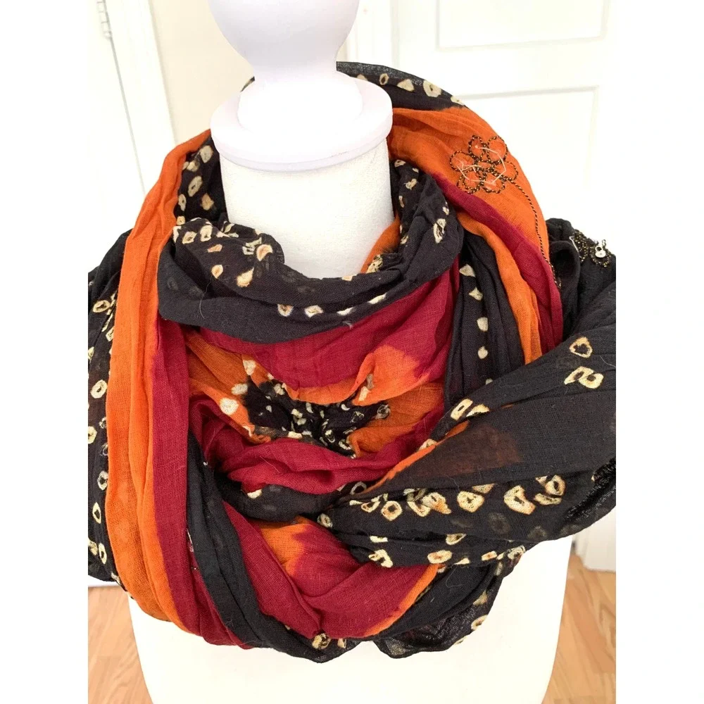 Gypsy Sheer Scarf Delicate Silver Sequins Rectangle 42 x 96 Maroon Black Orange